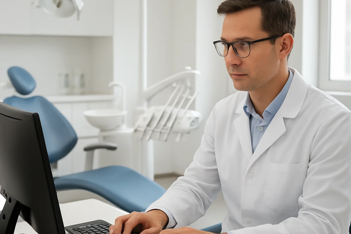 Dentist working at a computer in a modern dental office